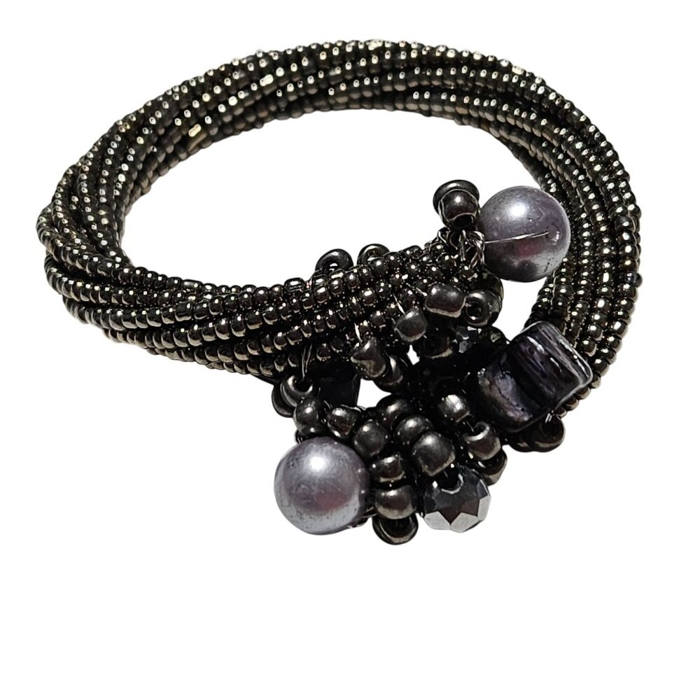 Elegant Beaded Multi Strand Cuff Bracelet Silver Tone Purple Clear Accents Women